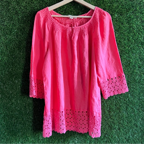 Charter Club Tops - Linen Charter Club Luxury Coral Embroidered Sleeve Hem Neck Smocked Top
